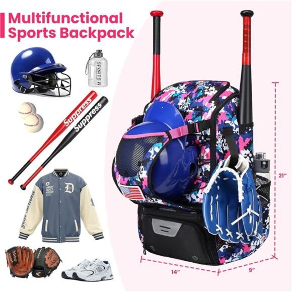Softball Bag,Softball Bat Bag For Youth Adults,Baseball Bag with Fence Hook - Picture 2 of 7